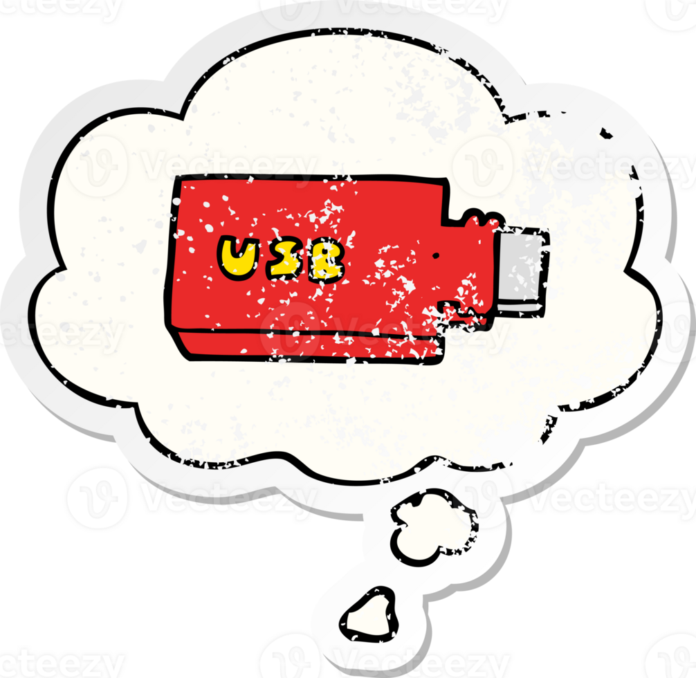 cartoon flash drive with thought bubble as a distressed worn sticker png