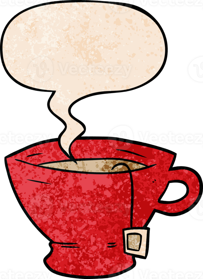 cartoon cup of tea with speech bubble in retro texture style png