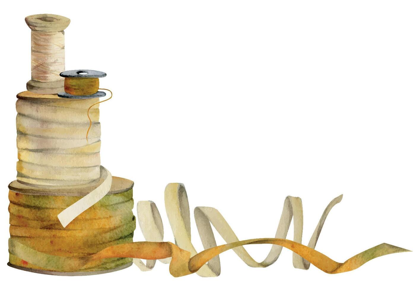 Hand drawn watercolor illustration sewing craft embroidery supplies. Threads ribbons spools bobbins fabric. Frame isolated on white background. Design atelier, tailor, hobby shop, fashion boutique vector