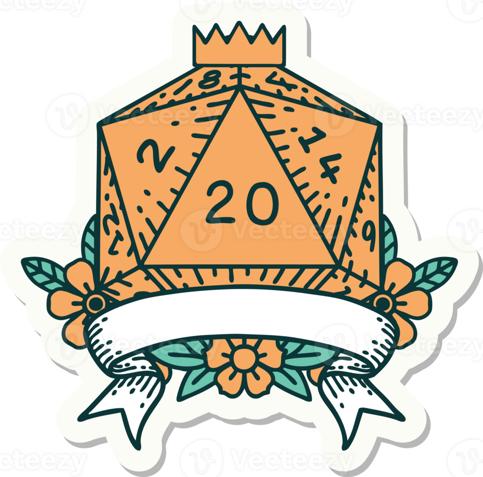 sticker of a natural 20 critical hit D20 dice roll png
