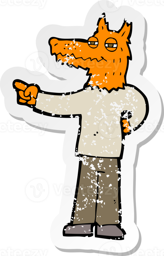 retro distressed sticker of a cartoon pointing fox man png