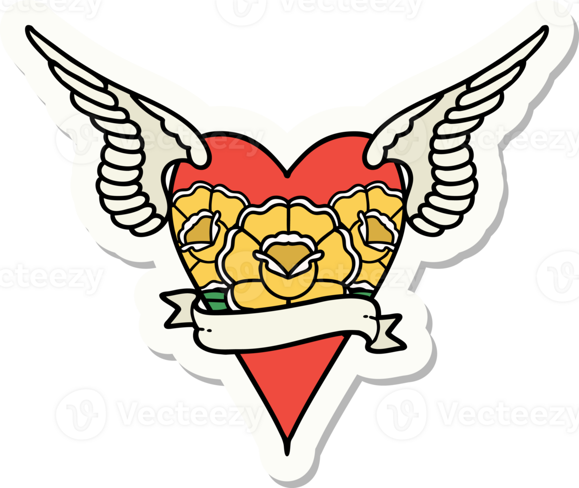sticker of tattoo in traditional style of a heart with wings and banner png