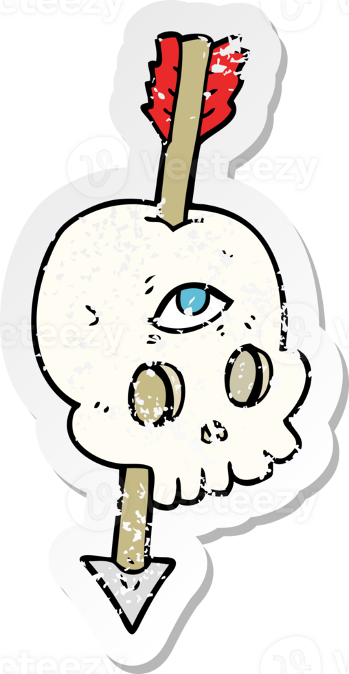 retro distressed sticker of a cartoon magic skull with arrow through brain png