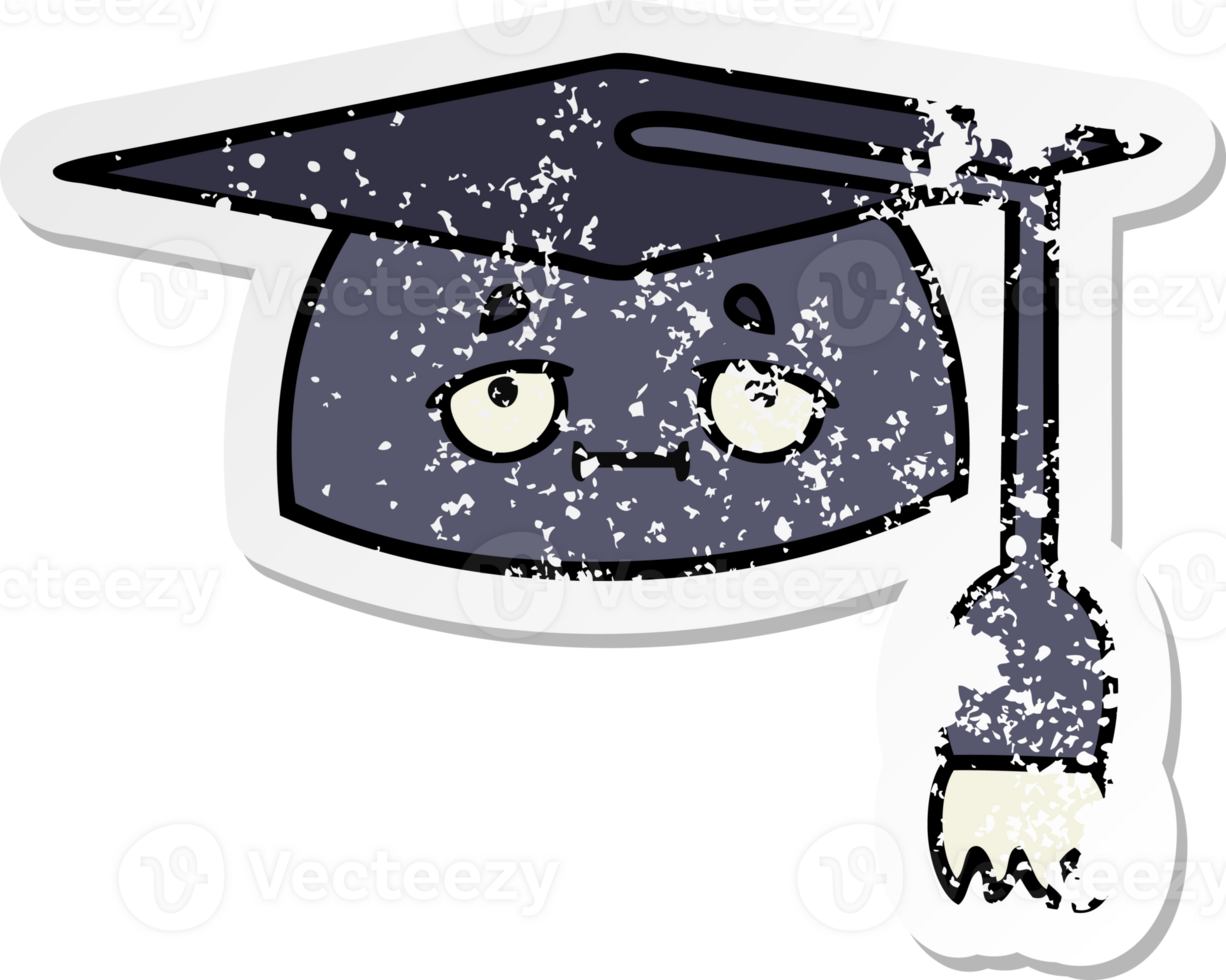 distressed sticker of a cute cartoon graduation hat png