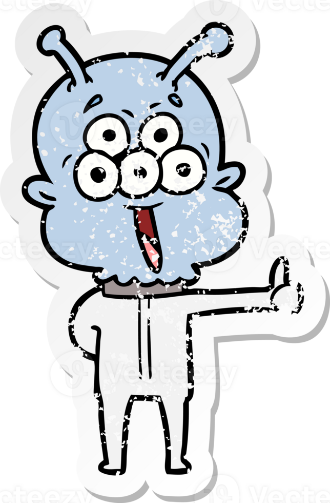 distressed sticker of a happy cartoon alien png