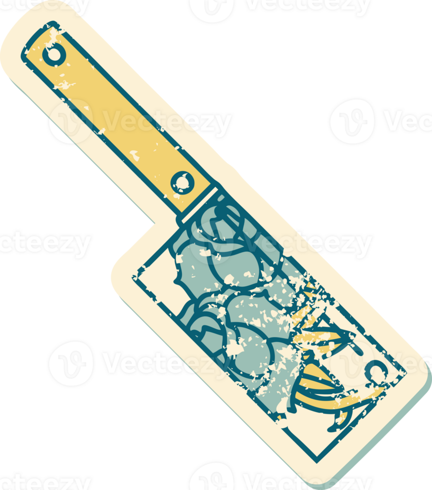 iconic distressed sticker tattoo style image of a cleaver and flowers png
