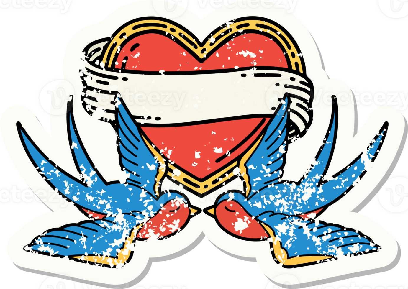 distressed sticker tattoo in traditional style of swallows and a heart with banner png