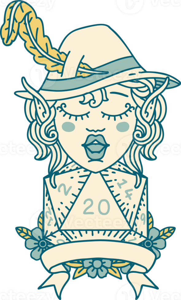 Retro Tattoo Style elf bard with natural twenty dice roll png