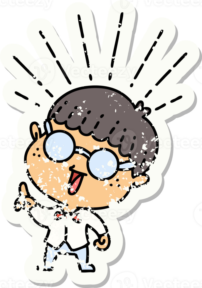 worn old sticker of a tattoo style man with genius idea png