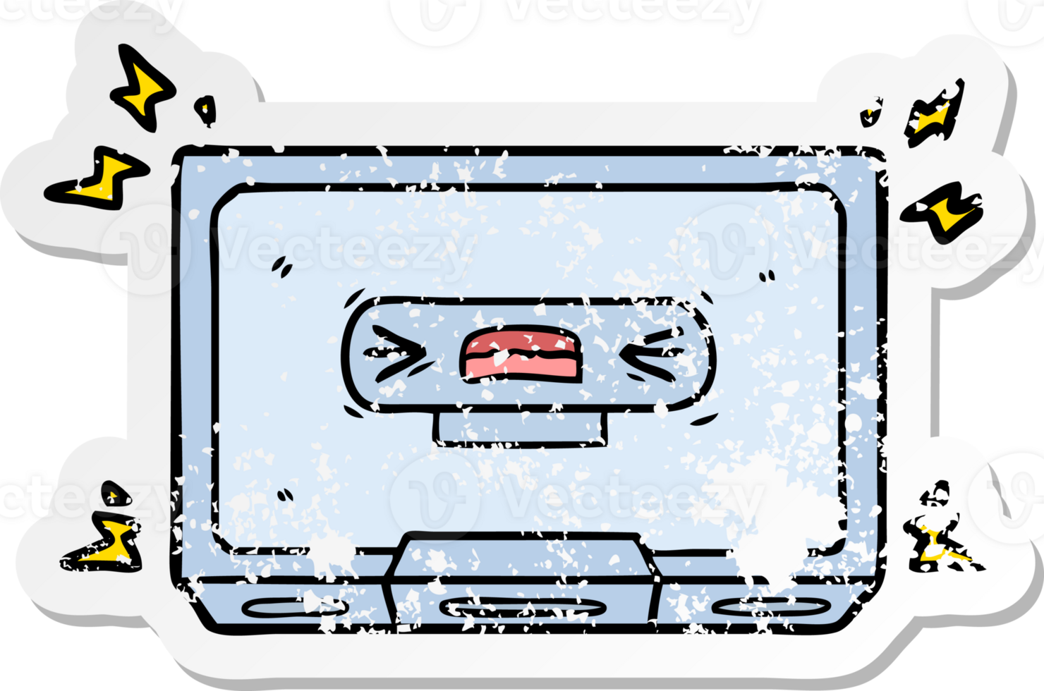 distressed sticker of a cartoon angry old cassette tape png