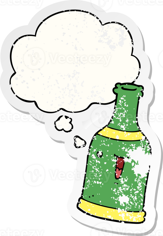 cartoon beer bottle with thought bubble as a distressed worn sticker png