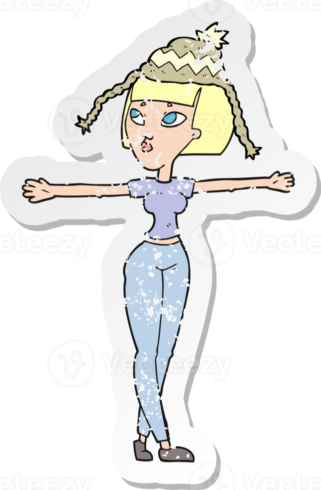 retro distressed sticker of a cartoon woman wearing hat png