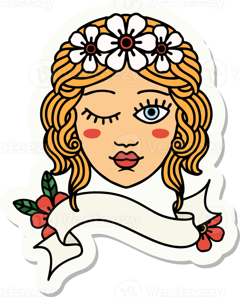 tattoo style sticker with banner of a maidens face winking png