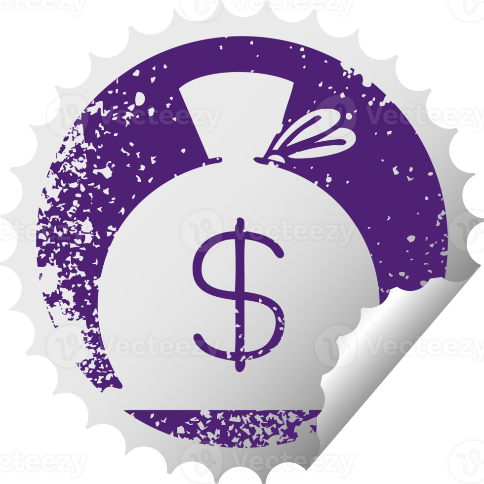distressed circular peeling sticker symbol of a bag of money png