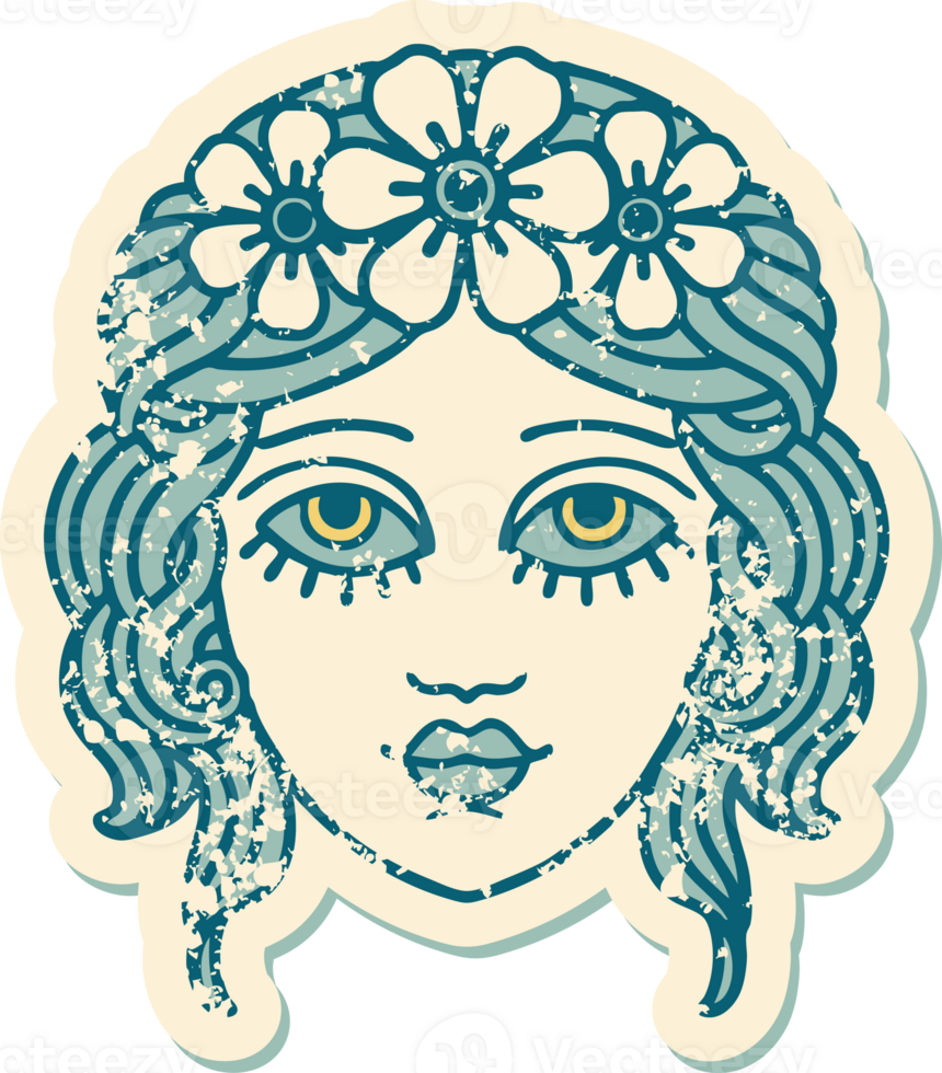 iconic distressed sticker tattoo style image of female face with crown of flowers png
