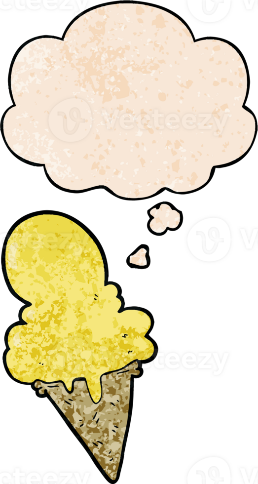 cartoon ice cream with thought bubble in grunge texture style png