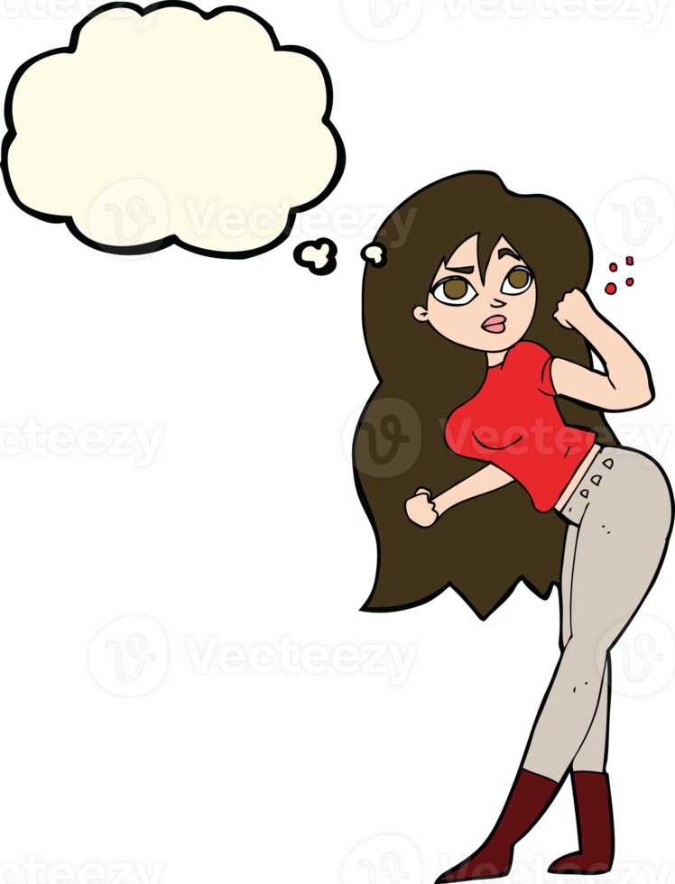 cartoon woman raising fist with thought bubble png