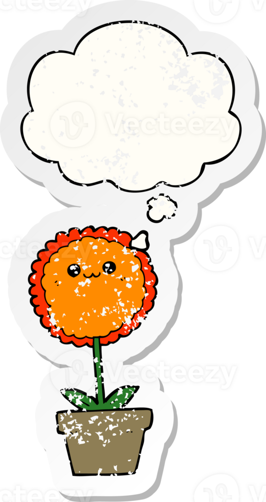 cartoon flower with thought bubble as a distressed worn sticker png