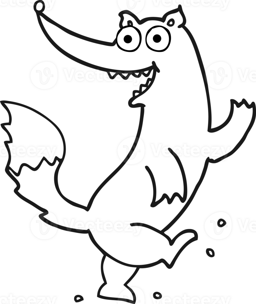 hand drawn black and white cartoon happy wolf dancing png