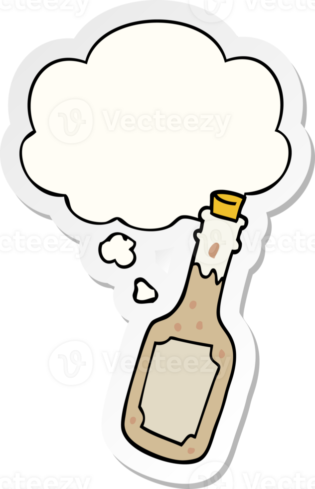 cartoon beer bottle with thought bubble as a printed sticker png