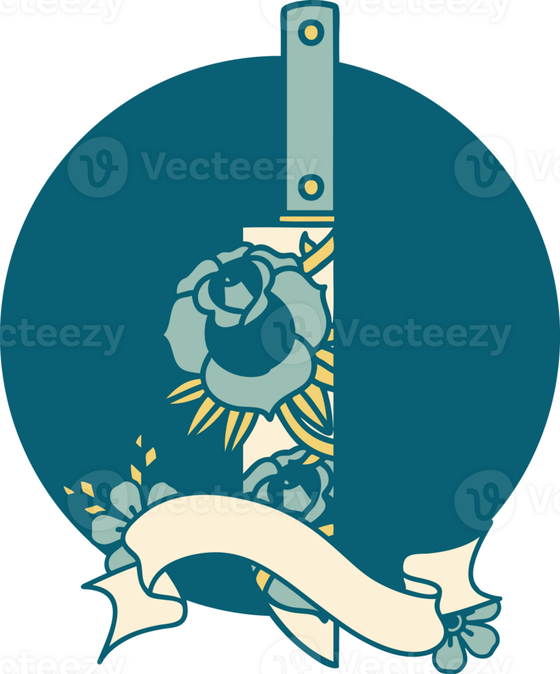 tattoo style icon with banner of a dagger and flowers png