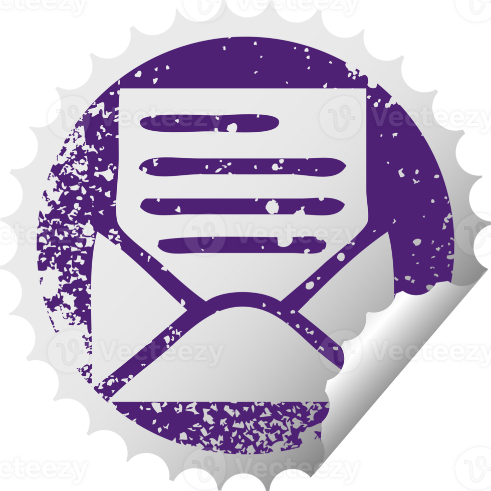 distressed circular peeling sticker symbol of a letter and envelope png