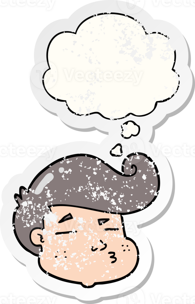 cartoon boy's face with thought bubble as a distressed worn sticker png