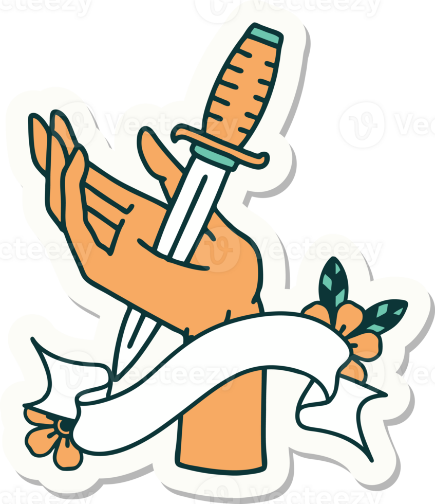 tattoo style sticker with banner of a dagger in the hand png