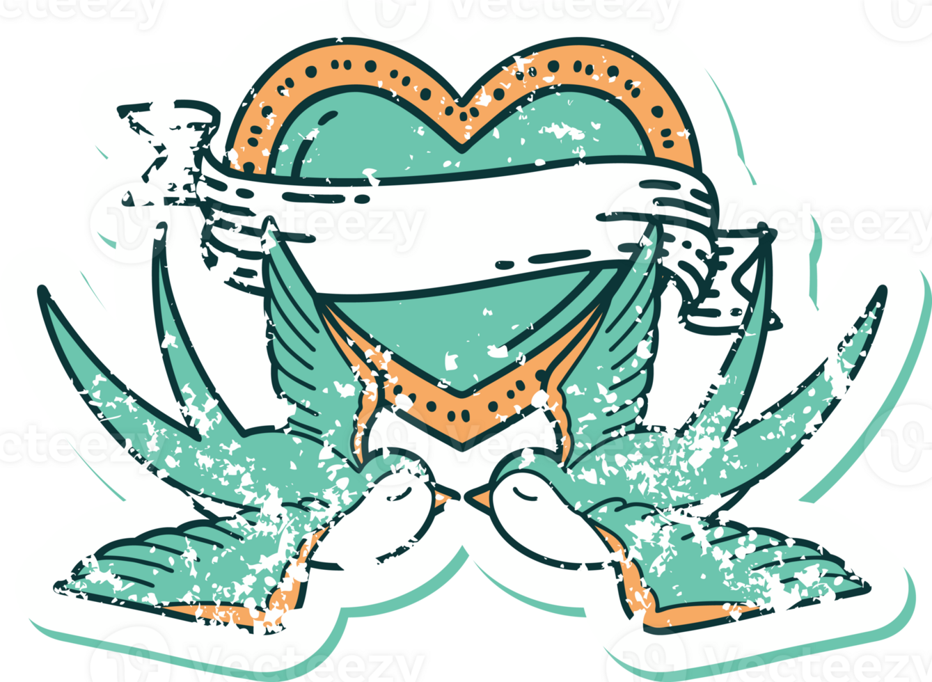 iconic distressed sticker tattoo style image of swallows and a heart with banner png