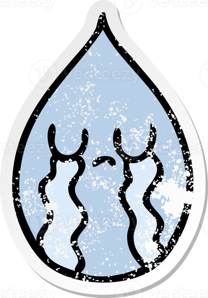 distressed sticker of a quirky hand drawn cartoon emotional rain drop png