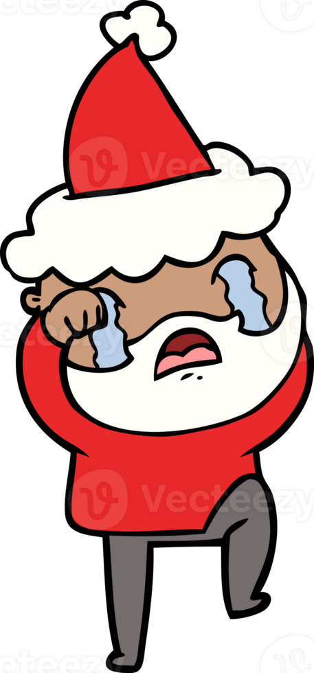 hand drawn line drawing of a bearded man crying and stamping foot wearing santa hat png