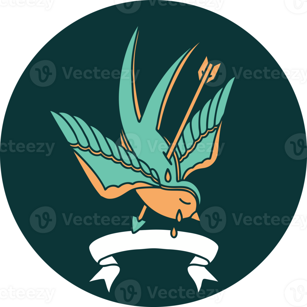 tattoo style icon with banner of a swallow pierced by arrow png