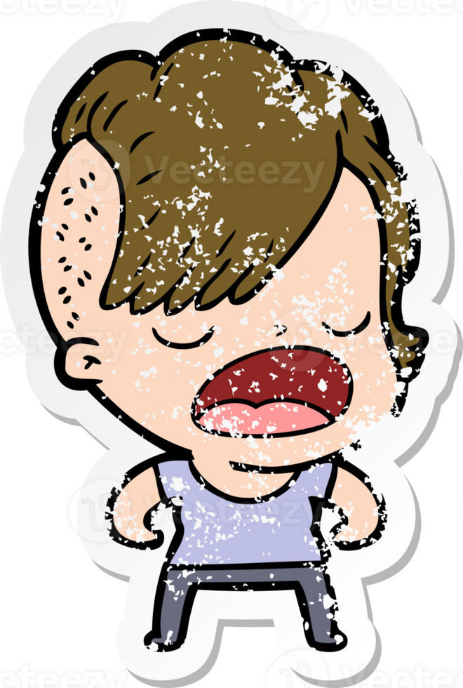 distressed sticker of a cartoon cool hipster girl talking png
