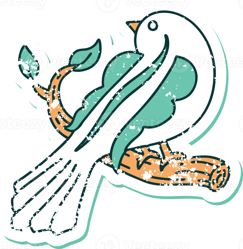 iconic distressed sticker tattoo style image of a bird on a branch png