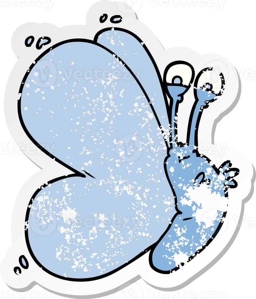 distressed sticker of a funny cartoon butterfly png