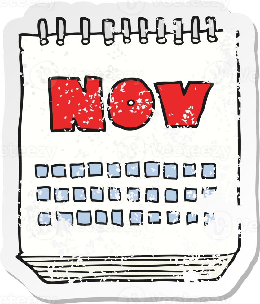 retro distressed sticker of a cartoon calendar showing month of November png