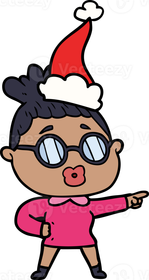 mão desenhado linha desenhando do uma apontando mulher vestindo óculos vestindo santa chapéu png