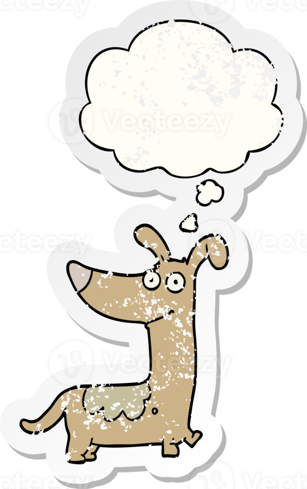 cartoon dog with thought bubble as a distressed worn sticker png