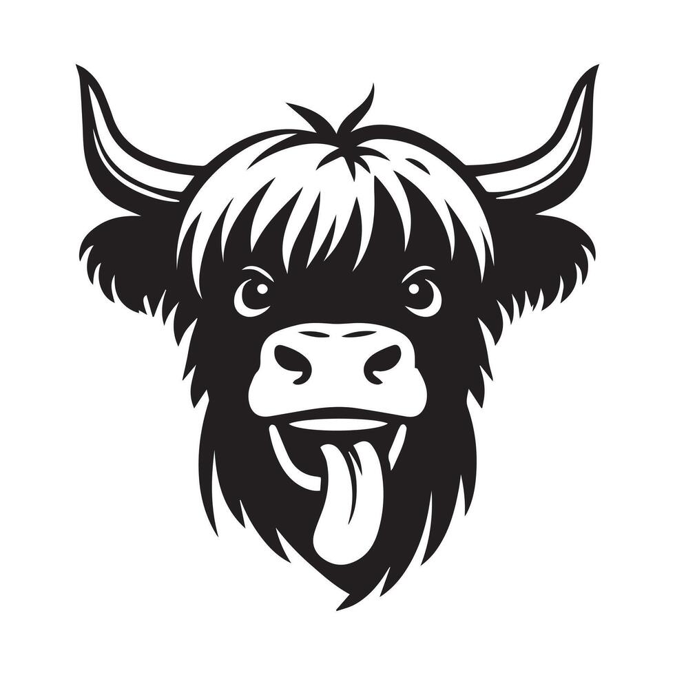 Cattle Face Logo - A teasing Highland cattle face illustration in black and white vector
