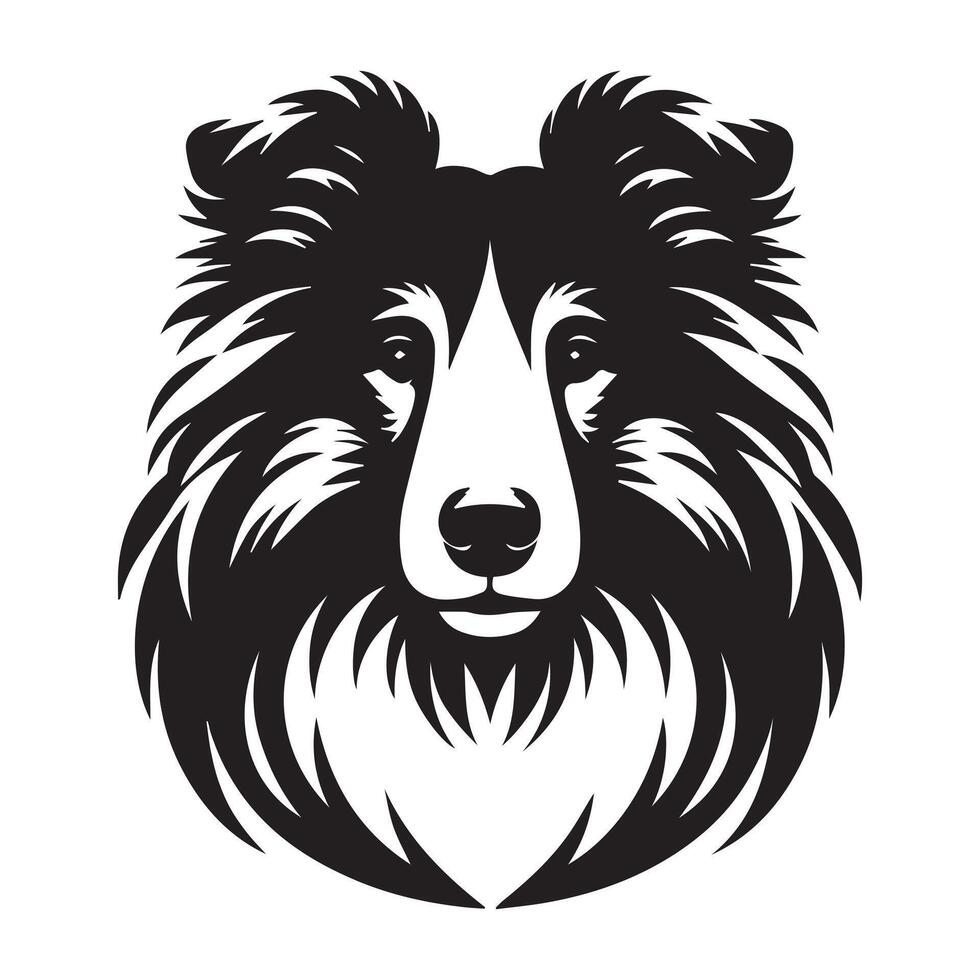 Shetland Sheepdog - A Stoic Sheltie dog face illustration in black and white vector