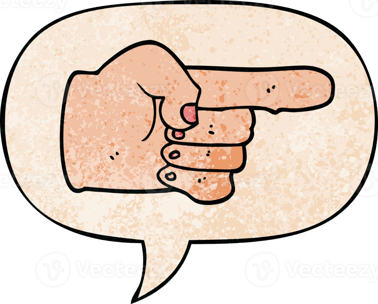 cartoon pointing hand with speech bubble in retro texture style png