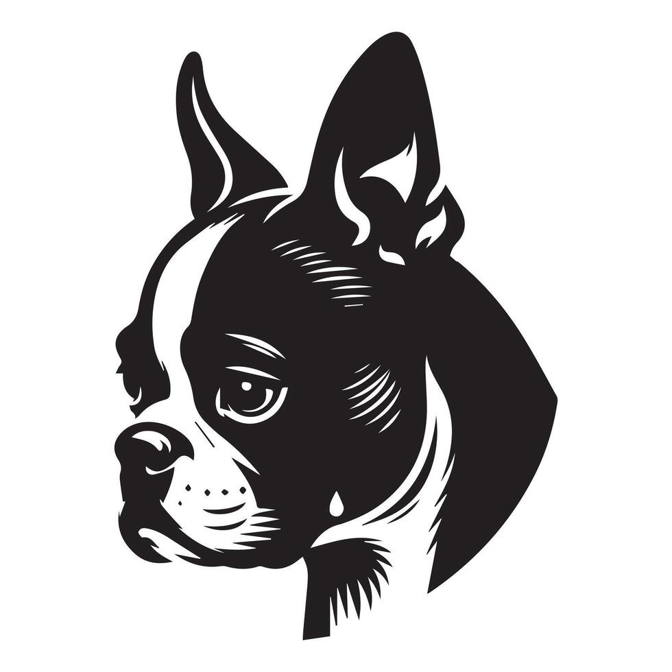 Dog Logo - A melancholic Boston Terrier Dog face illustration in black and white vector