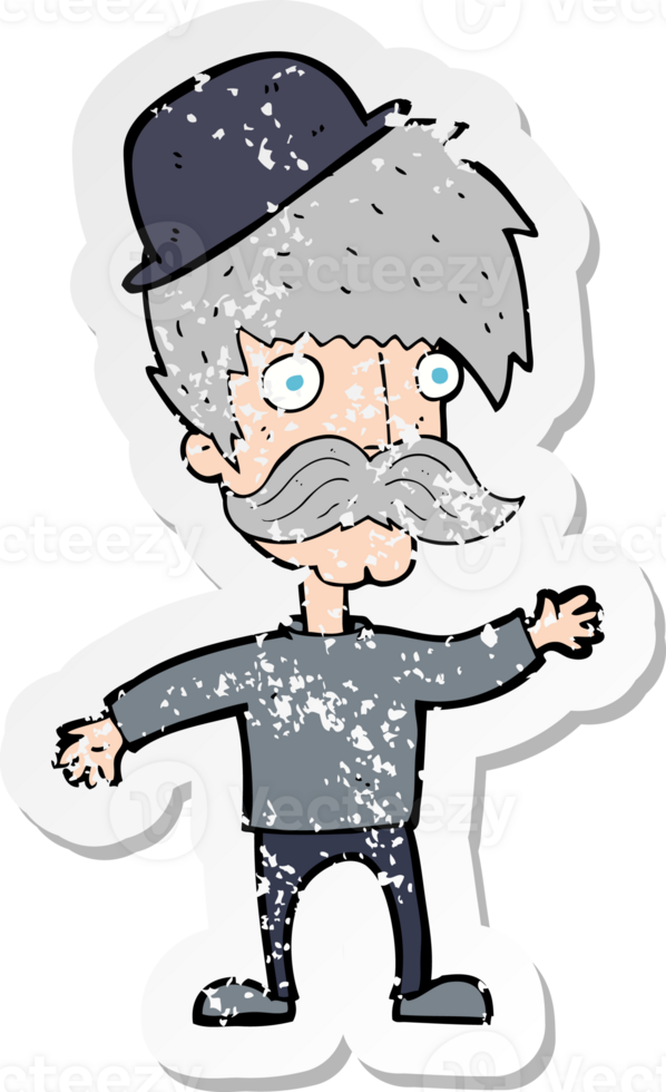 retro distressed sticker of a cartoon man wearing bowler hat png