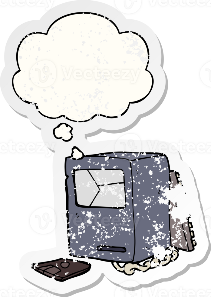 cartoon broken old computer with thought bubble as a distressed worn sticker png