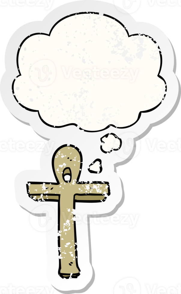 cartoon ankh symbol with thought bubble as a distressed worn sticker png