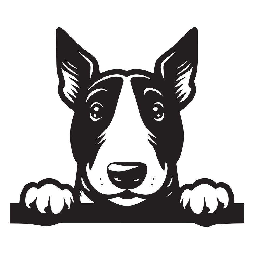 Dog Peeking - Bull Terrier Dog Peeking face illustration in black and white vector
