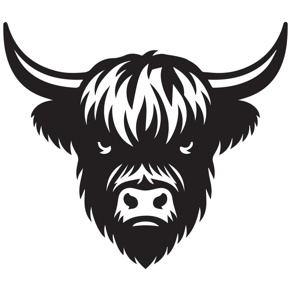 Cattle Face Logo - A grumpy Highland cattle face illustration in black and white vector