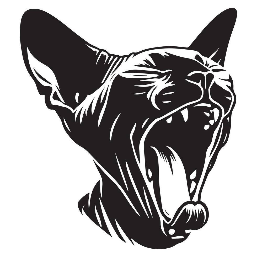illustration of A sleepy Sphynx cat yawning widely in black and white vector