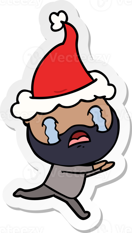 hand drawn sticker cartoon of a bearded man crying wearing santa hat png