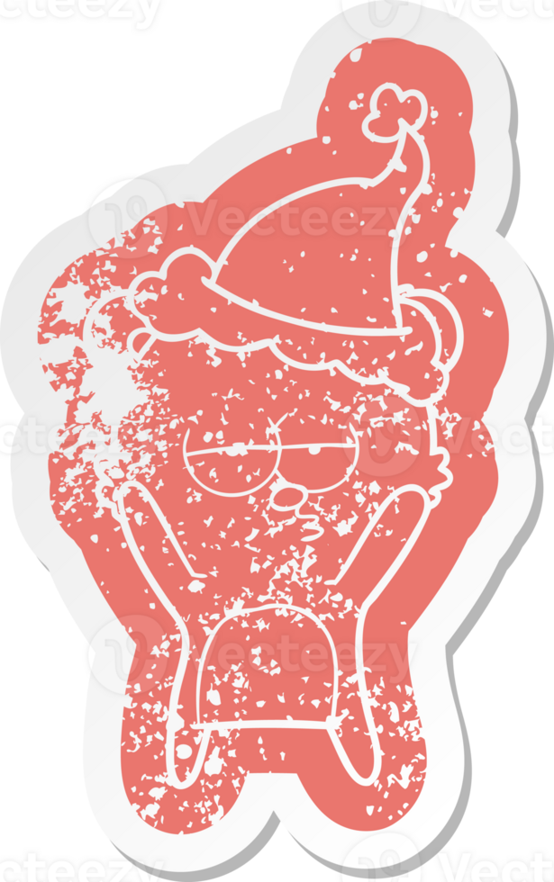 bored bear quirky cartoon distressed sticker of a wearing santa hat png